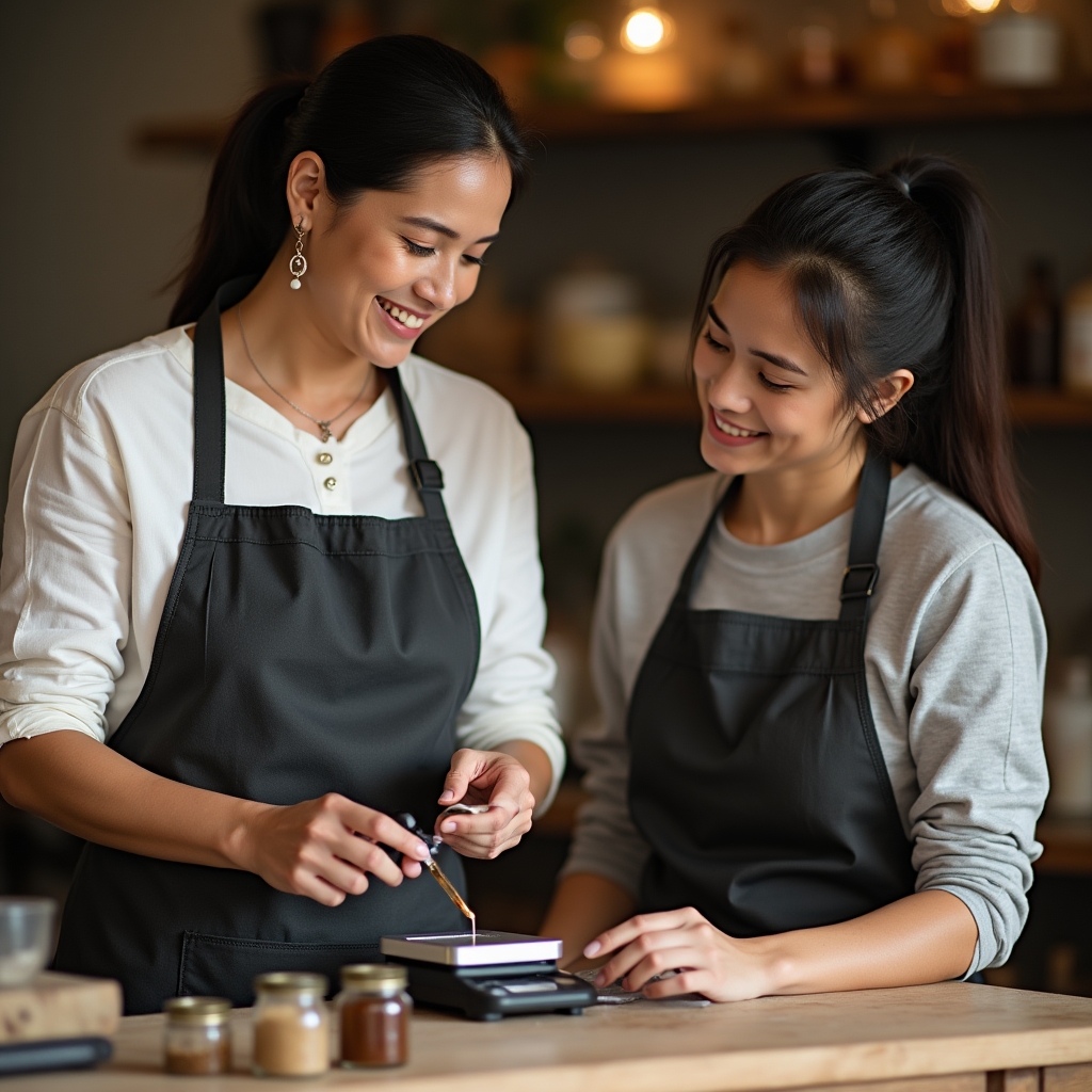 Candle-making instructor demonstrating fragrance blending technique to a small group of participants