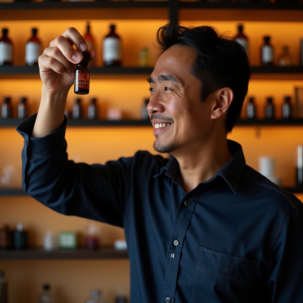 Fragrance specialist instructor, a Filipino man in his late forties, examining fragrance oil samples at a workshop station