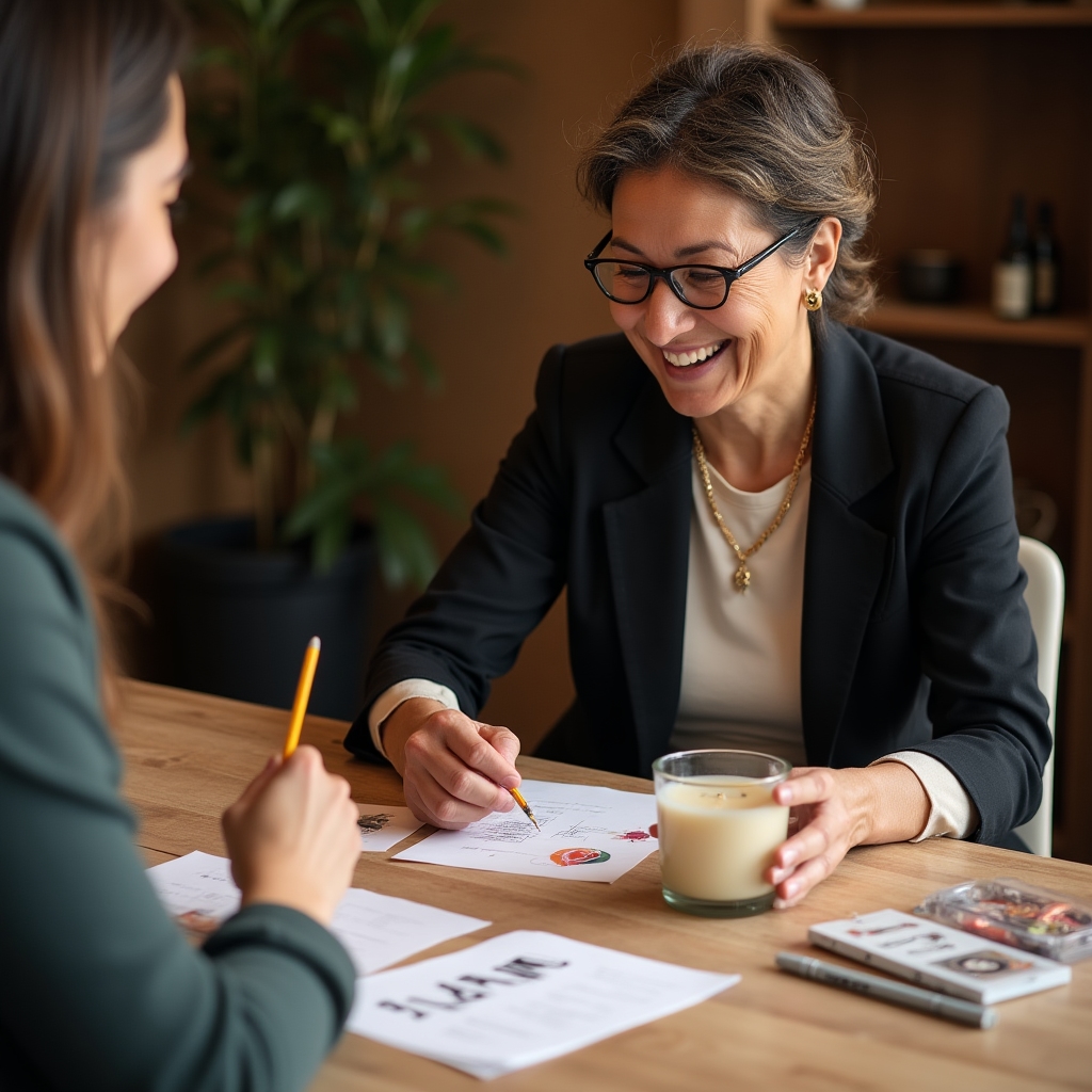 Label design instructor, a Filipina woman in her early fifties, reviewing handmade candle label designs with a workshop participant