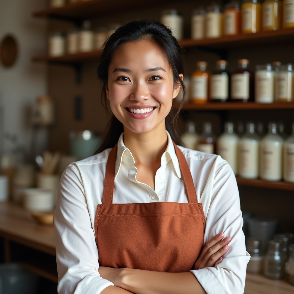 Lead candle-making instructor, a Filipina woman in her mid-forties, smiling warmly in the workshop studio