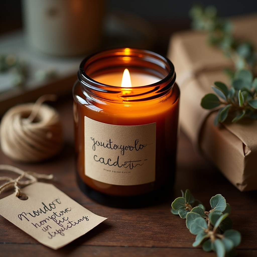 Large apothecary-style glass jar candle with a handcrafted label on a workshop table surrounded by crafting materials