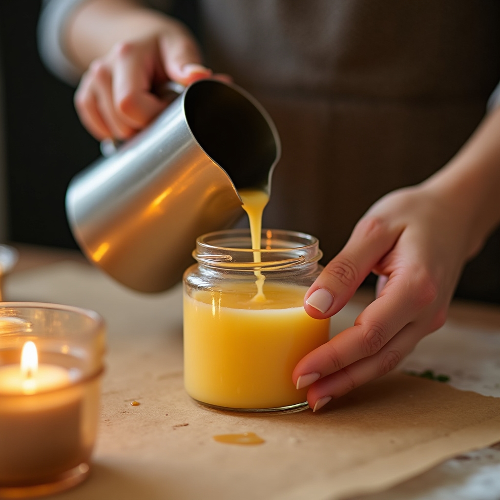 Participant pouring soy wax into a small round glass jar during the workshop first candle project