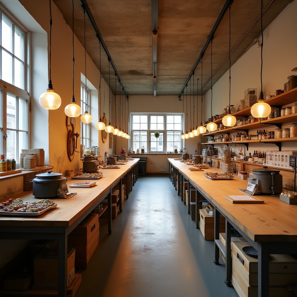 Interior of the Beyond Mark candle workshop studio with organized workstations and warm lighting
